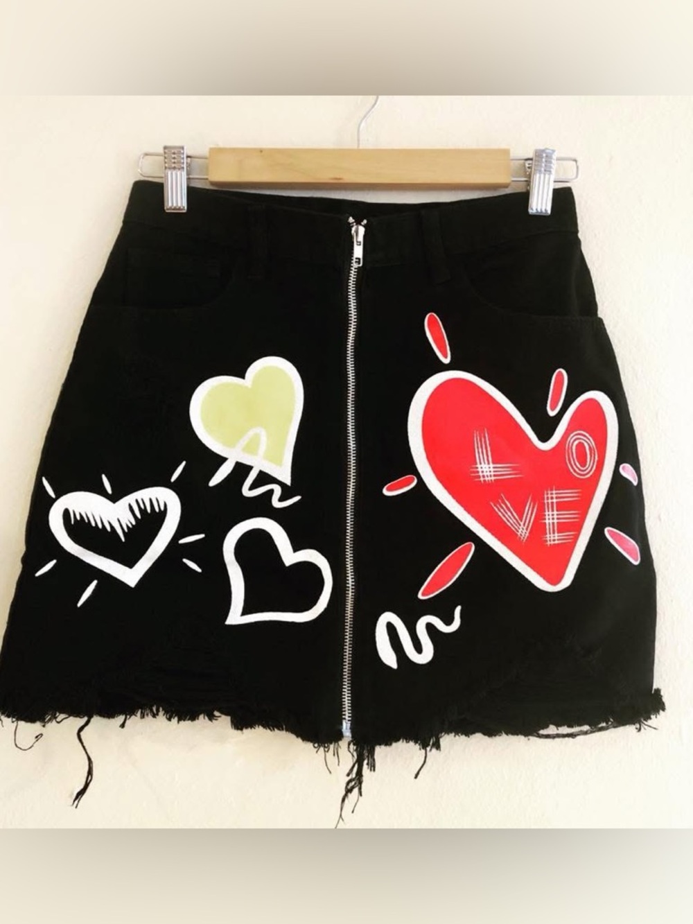 Black Mini Skirt with Red Heart Graphic - LOVE Zip Front